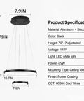 Diagram showing Black Dope Two Ring LED Chandelier For High Ceilings with 7.9in and 15.7in rings, 79in adjustable height.