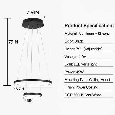 Diagram showing Black Dope Two Ring LED Chandelier For High Ceilings with 7.9in and 15.7in rings, 79in adjustable height.