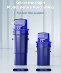 Two blue replacement water filters for pitchers and dispensers, showing long and short sizes, adsorbs ninety nine percent chlorine.