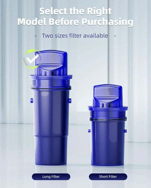 Two blue replacement water filters for pitchers and dispensers, showing long and short sizes, adsorbs ninety nine percent chlorine.