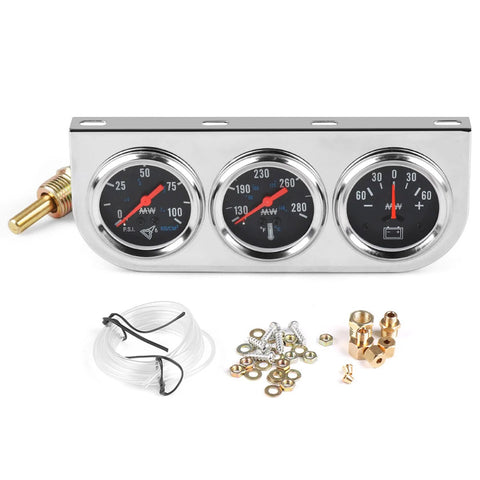 Front view of 52mm chrome triple gauge car cluster with oil pressure, water temperature, and ammeter gauges; includes tubing and brass fittings.