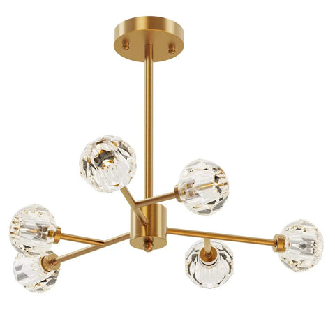 Brass Sputnik Crystal Ball Ceiling Light, Semi Flush Mount, Adjustable Rod 6 To 54 Inches, 22 Inch Diameter, Polished Gold Finish