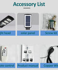 Accessory list for JUDYSSY Solar Lights Outdoor including light head, solar panel, screw kit, remote, manual, and copper wire.