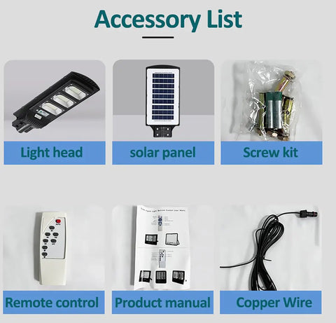 Accessory list for JUDYSSY Solar Lights Outdoor including light head, solar panel, screw kit, remote, manual, and copper wire.