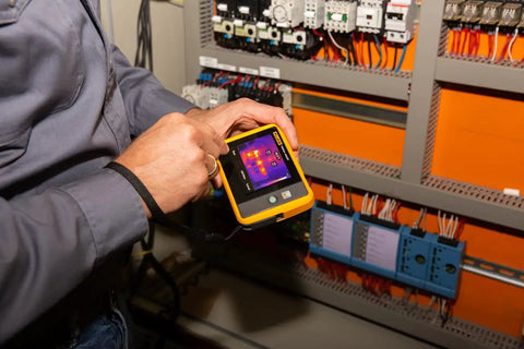 Person using PTi120 Pocket Thermal Imager For Quick Infrared Inspections And Temperature Scans On The Go near electrical panel