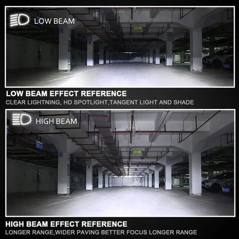 Two Pack LED Headlight Bulbs Compatible With H4 9003 HB2 beam comparison in parking garage