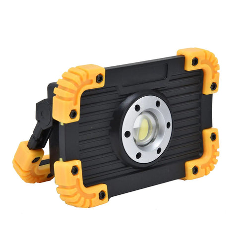 YWBL-WH Mini COB Emergency Flood Light, 6-Angle Adjustable Stand in black with yellow corners, adjustable stand angled for use.