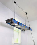 Ceiling Ladder Storage Pulley System For Garage Hoist, Heavy Duty Overhead Organizer Holds Ladders Up To 150 Lbs in use in garage