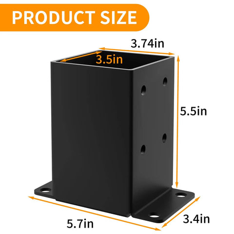 4x4 Post Base Set For Wood Posts 3.5x3.5 Inch Inner Size Rust Proof Heavy Duty Metal Black Powder Coated with dimensions