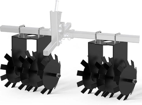 Beefy Heavy Duty Disc Plow Harrow For ATV UTV Towed Tiller with four steel discs and 2 inch hitch.