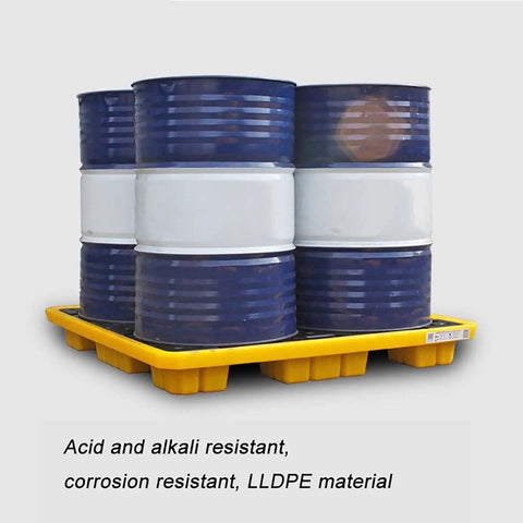 Heavy Duty Plastic Spill Pallet For Oil Drums And Industrial Liquids With Leak Proof Deck in warehouse setting