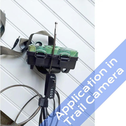 Adjustable Combination Cable Lock With 6.5ft Steel Cord securing trail camera, Zinc Alloy Body, 10,000 Codes, travel ready security.