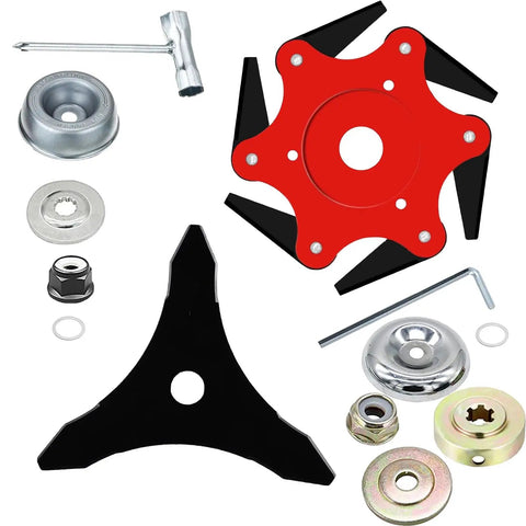 Heavy Duty Trimmer Head With 6 Blade Razors And 3 Tooth Brush Cutter Blade, Universal Steel Blades Kit With Adapter components shown