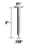 Diagram of Framing Nails 3 Inch By.120 Inch 21 Degree Ring Shank Full Round Head Galvanized For Plastic Strip Collated Nailers, showing dimensions.
