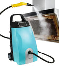 Orisuntech Multi Purpose High Pressure Steam Cleaner With Ozone for cleaning kitchen hood, blue unit with hose spraying steam.