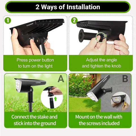 Outdoor Solar Spotlight Lights Two Pack IP65 Waterproof 32 LED Cold White Three Lighting Modes installation guide