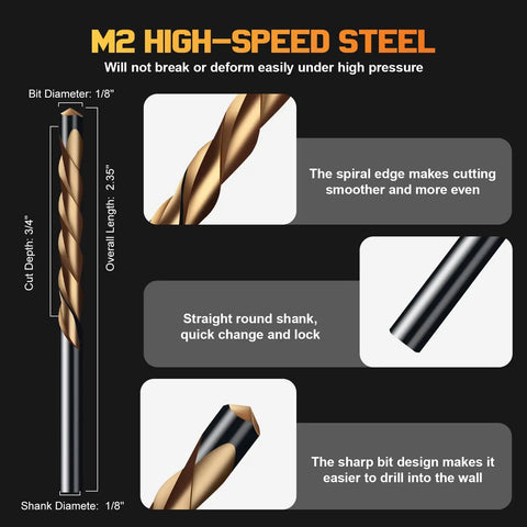 M2 High-Speed Steel 1/8 inch drywall router bit with spiral edge for smooth cuts, 3/4 inch cut depth, precision guide point.