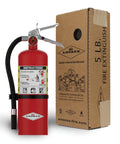 Six Pack 5 Pound ABC Dry Chemical Fire Extinguishers With Wall Brackets For Home And Office Use next to packaging