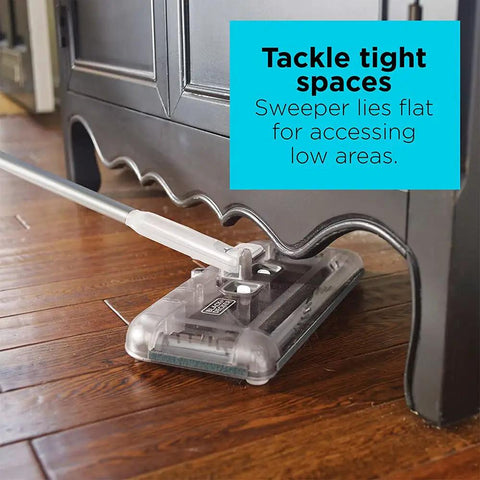 No Fuss Grab And Go Cordless Floor Sweeper Loaded With A Beefy 50 Minute Lithium Charge lies flat under furniture for tight spaces.