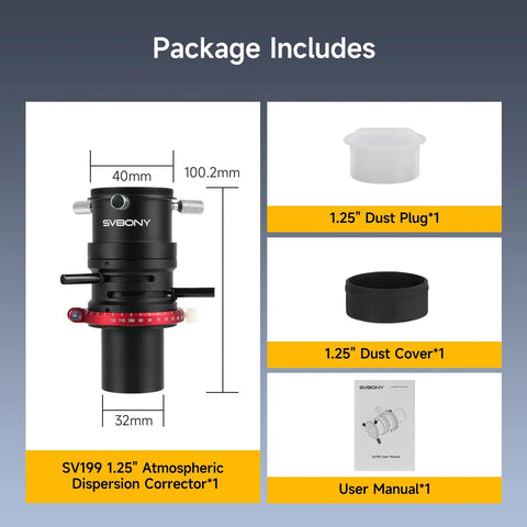 Atmospheric Dispersion Corrector 1.25 Inch ADC with accessories including dust plug, dust cover, and user manual