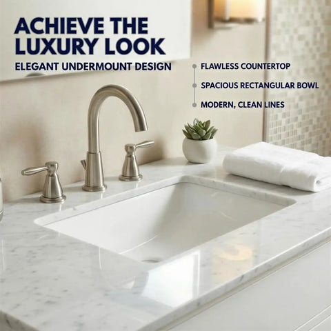 Undermount White Bathroom Sink 18 By 12 Inch Interior Rectangular Bowl Fits 24 Inch Vanity Cabinet Vitreous China High Gloss Finish Scratch And Stain Resistant Sick Vanity Upgrade With Clean Look, shown in elegant modern bathroom setting.