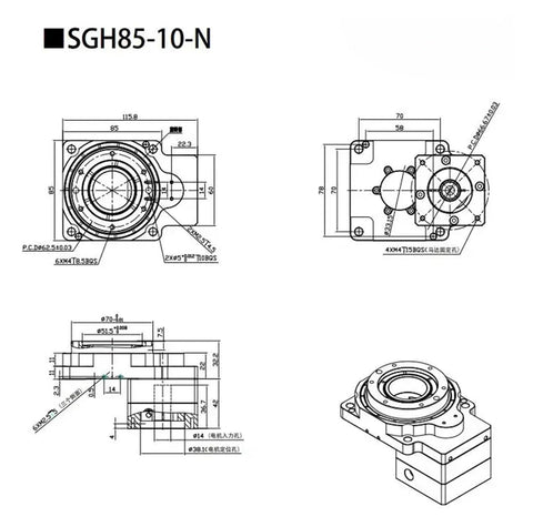 Technical diagram of Hollow Shaft Rotary Actuator 85 with 360 Degree Rotating Table and 10 18 Ratio for Nema 23 Stepper Motor.