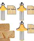 Top Shelf 6 Piece Half Inch Shank Router Bit Set For Flawless Corner Rounding And Edge Forming Hella Sharp Carbide Blades With Heat Resistant Teflon Coating For Killer Woodworking Results, 3 router bits with radius sizes.