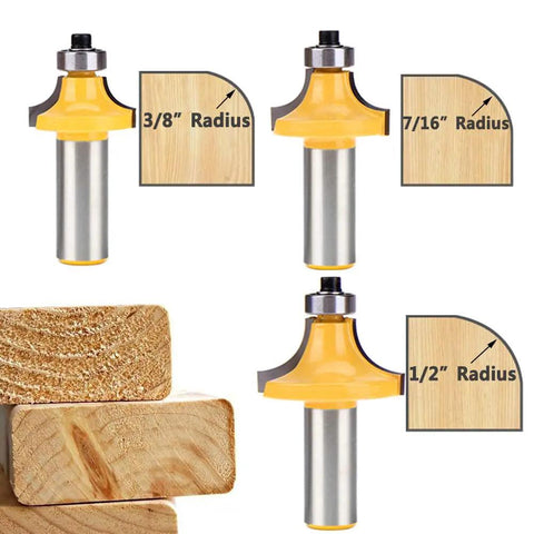 Top Shelf 6 Piece Half Inch Shank Router Bit Set For Flawless Corner Rounding And Edge Forming Hella Sharp Carbide Blades With Heat Resistant Teflon Coating For Killer Woodworking Results, 3 router bits with radius sizes.