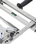 Rock Solid Adjustable Cutting Machine Support Frame With Heavy Duty Stainless Steel Edge Guide Positioner for Precision Woodworking, showing level and adjustment details.