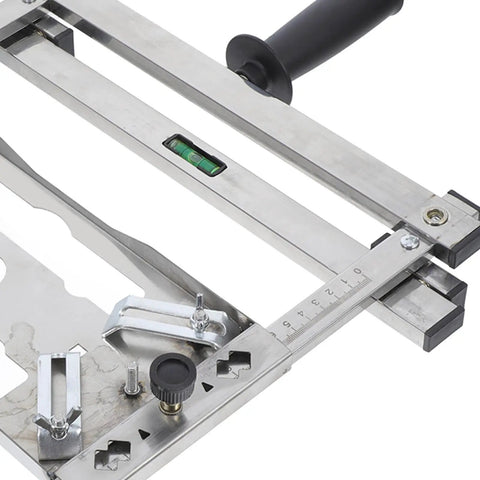 Rock Solid Adjustable Cutting Machine Support Frame With Heavy Duty Stainless Steel Edge Guide Positioner for Precision Woodworking, showing level and adjustment details.