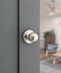 Dummy Door Knob For Closet Doors And Pantry, No Lock No Fuss Non Turning Interior Push Pull, Satin Nickel Finish With Microban Protection, Easy Do It Yourself Install, All Hardware Included For French Double Doors, satin nickel dummy knob on gray door
