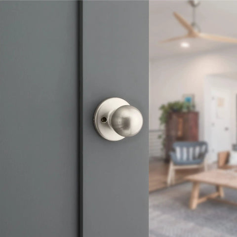 Dummy Door Knob For Closet Doors And Pantry, No Lock No Fuss Non Turning Interior Push Pull, Satin Nickel Finish With Microban Protection, Easy Do It Yourself Install, All Hardware Included For French Double Doors, satin nickel dummy knob on gray door
