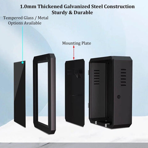 Rugged EV Charger Lock Box Featuring Beefy Vertical Stand And Full Weatherproof Cover For Outdoor Electric Vehicle Stations, with tempered glass and mounting plate.