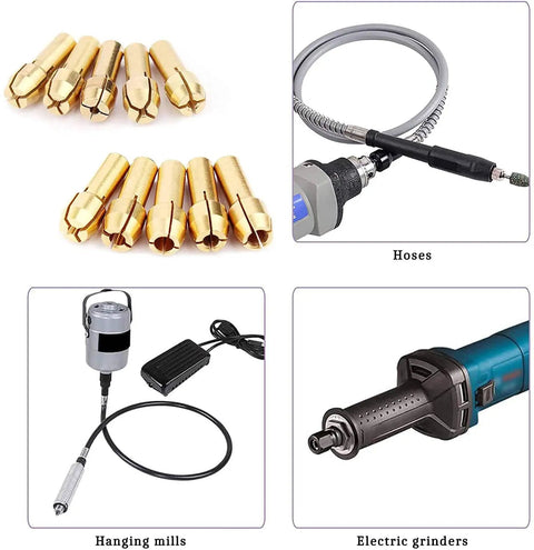 Five Piece Copper Drill Chuck Collet Bits Set 1mm For Dremel Rotary Tools, shown with hoses, hanging mills, electric grinders