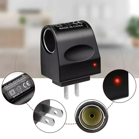 Universal AC To DC Car Power Converter For Cigarette Lighter Socket With 12V Vehicle Transformer and Wall Plug Adapter, compact design.