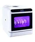 Slick Portable Mini Countertop Dishwasher With Five Liter Tank Three Quick Wash Cycles Glass Front Led Display view showing dishes and controls.