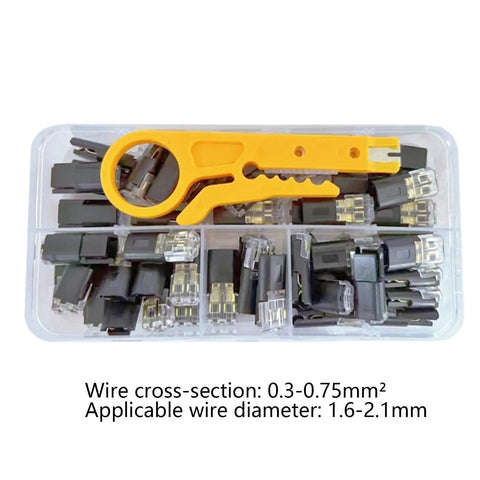 Clear plastic box with no tools needed wire connectors for quick splices 50 piece flame retardant electrical connectors pack.