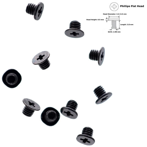 Straight Up 10 Pack M3 X 3mm Phillips Flat Head Machine Screws Black showing detailed flat heads and threads for laptop repairs.
