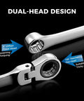 16.5 Inch Long Flex Head Nano Ratchet Wrench With 19 Piece Three Eighths Inch Drive Nano Impact Socket Set Includes 6mm To 24mm Metric Sockets Low Profile CrMo Sockets For Tight Spaces And Quick Fastening, dual-head design