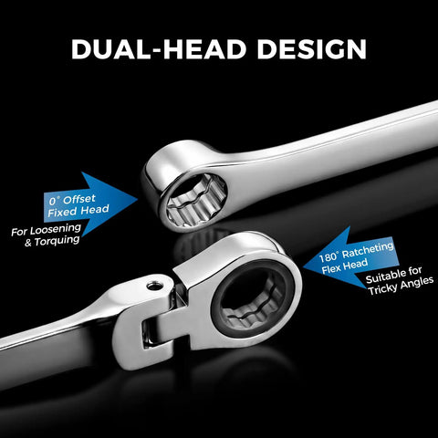 16.5 Inch Long Flex Head Nano Ratchet Wrench With 19 Piece Three Eighths Inch Drive Nano Impact Socket Set Includes 6mm To 24mm Metric Sockets Low Profile CrMo Sockets For Tight Spaces And Quick Fastening, dual-head design