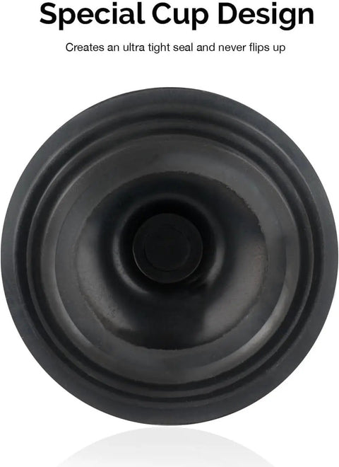 Bottom view of black suction cup from Heavy Duty Toilet Plunger With All Angle Design And Aluminum Handle Patent Pending Clog Buster For Bathrooms