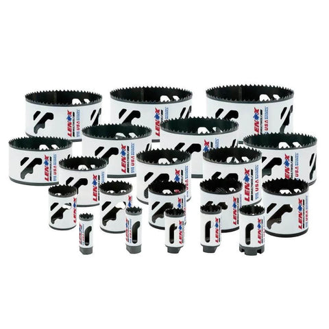 Lenox 26-piece bi-metal hole saw kit, front view with assorted diameter hole saws.