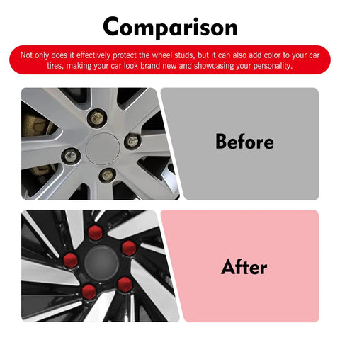Comparison before and after using 20 Piece 21mm Lug Nut Covers Set With Hexagonal Caps And EZ Removal Tool Red Premium PP