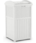 Hideaway Outdoor Trash Can With Lid 30 Gallon White Decorative Wicker Style Bin Made From Weather Resistant Resin