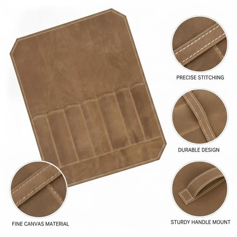 Canvas Cutlery Roll Bag With Handle Portable Knife Storage Case showcasing material, stitching, and handle details.
