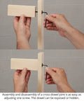 Hands using Universal Cross Dowel Jig Deluxe Kit Featuring Seven Heavy Duty Drill Guide Bushings For Bolts And Premium Wood Dowels.