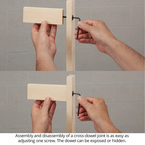 Hands using Universal Cross Dowel Jig Deluxe Kit Featuring Seven Heavy Duty Drill Guide Bushings For Bolts And Premium Wood Dowels.