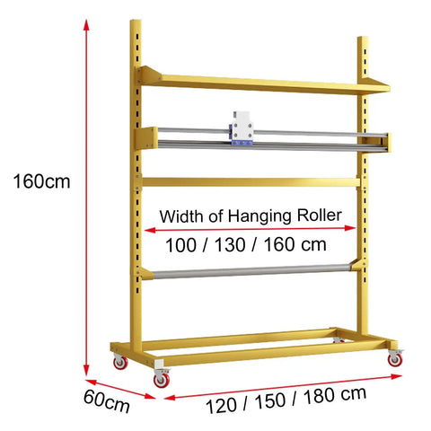 Heavy Duty Bubble Wrap Roll Dispenser With Quick Snap Cutter And Wall Mount Rack For Hassle Free Packing Moving Shipping Foam And Stretch Film Organization Daily dimensions shown with yellow structure and adjustable roller widths.