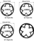 Round 110 BCD Chainring Narrow Wide 36T To 52T For 7 To 12 Speed Chains Aluminum 7075 Black with size and weight details.