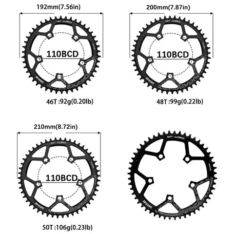 Round 110 BCD Chainring Narrow Wide 36T To 52T For 7 To 12 Speed Chains Aluminum 7075 Black with size and weight details.